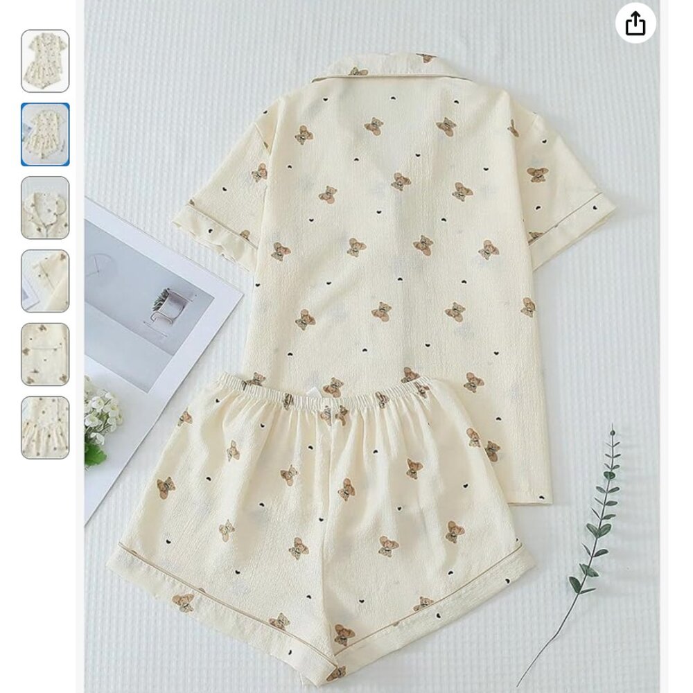 Heart & Bear Pattern Pj Set, Button Up Lounge Sle… - image 2